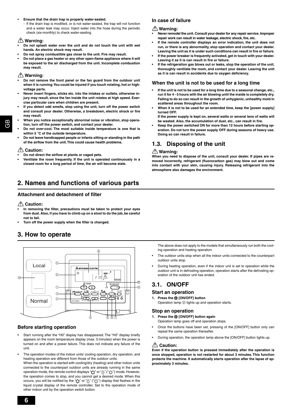 Names and functions of various parts, How to operate, Disposing of the unit | On/off, Normal, When the unit is not to be used for a long time, Attachment and detachment of filter, Before starting operation, Start an operation, Stop an operation | MITSUBISHI ELECTRIC PFD-P250 • 500VM-A User Manual | Page 6 / 14