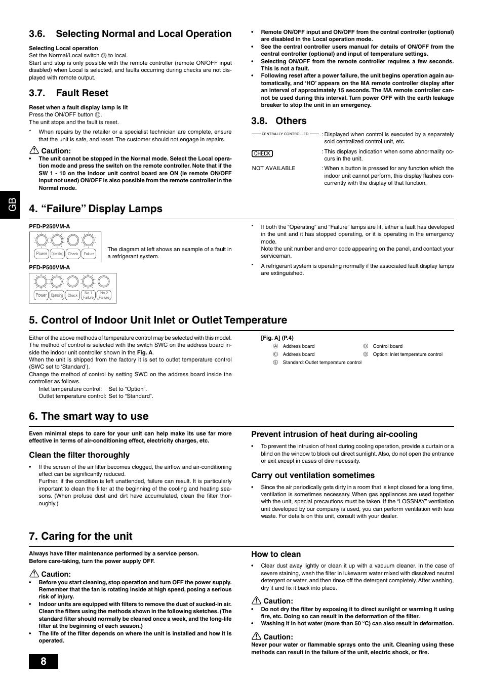 Caring for the unit, The smart way to use, Selecting normal and local operation | Fault reset, Others, How to clean, Clean the filter thoroughly, Prevent intrusion of heat during air-cooling, Carry out ventilation sometimes | MITSUBISHI ELECTRIC PFD-P250 • 500VM-A User Manual | Page 8 / 14