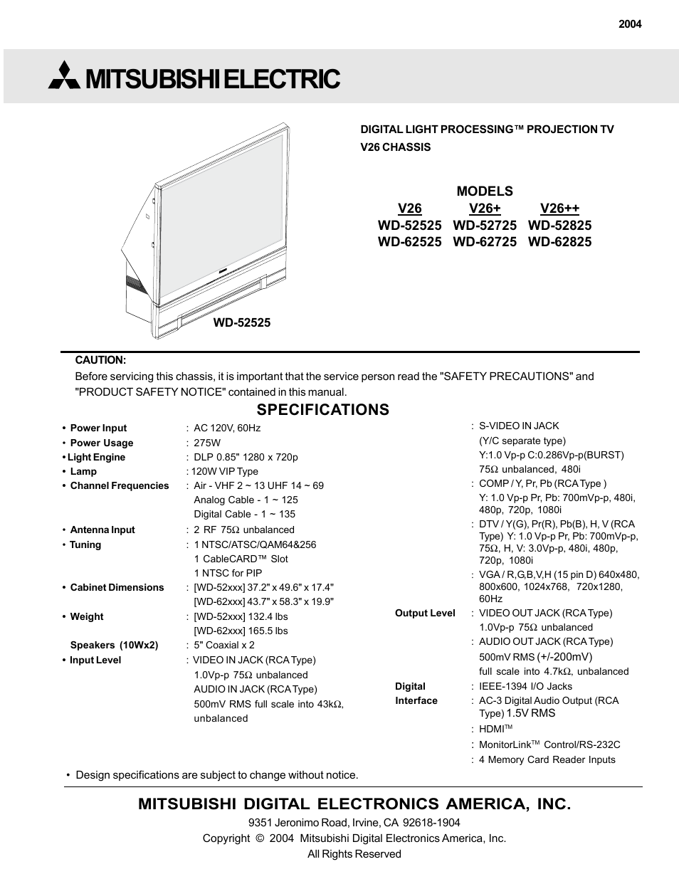 MITSUBISHI ELECTRIC WD-52525 User Manual | 81 pages