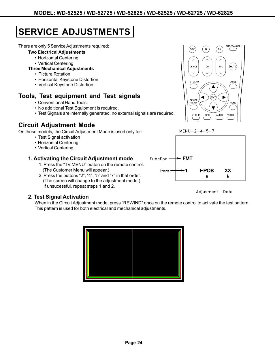 Service adjustments, Tools, test equipment and test signals, Circuit adjustment mode | MITSUBISHI ELECTRIC WD-52525 User Manual | Page 24 / 81