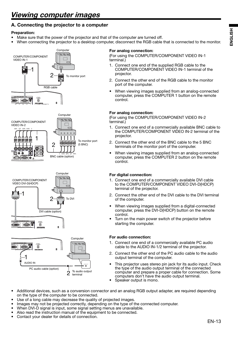 Viewing computer images, En-13, A. connecting the projector to a computer | MITSUBISHI ELECTRIC WD2000 User Manual | Page 13 / 40