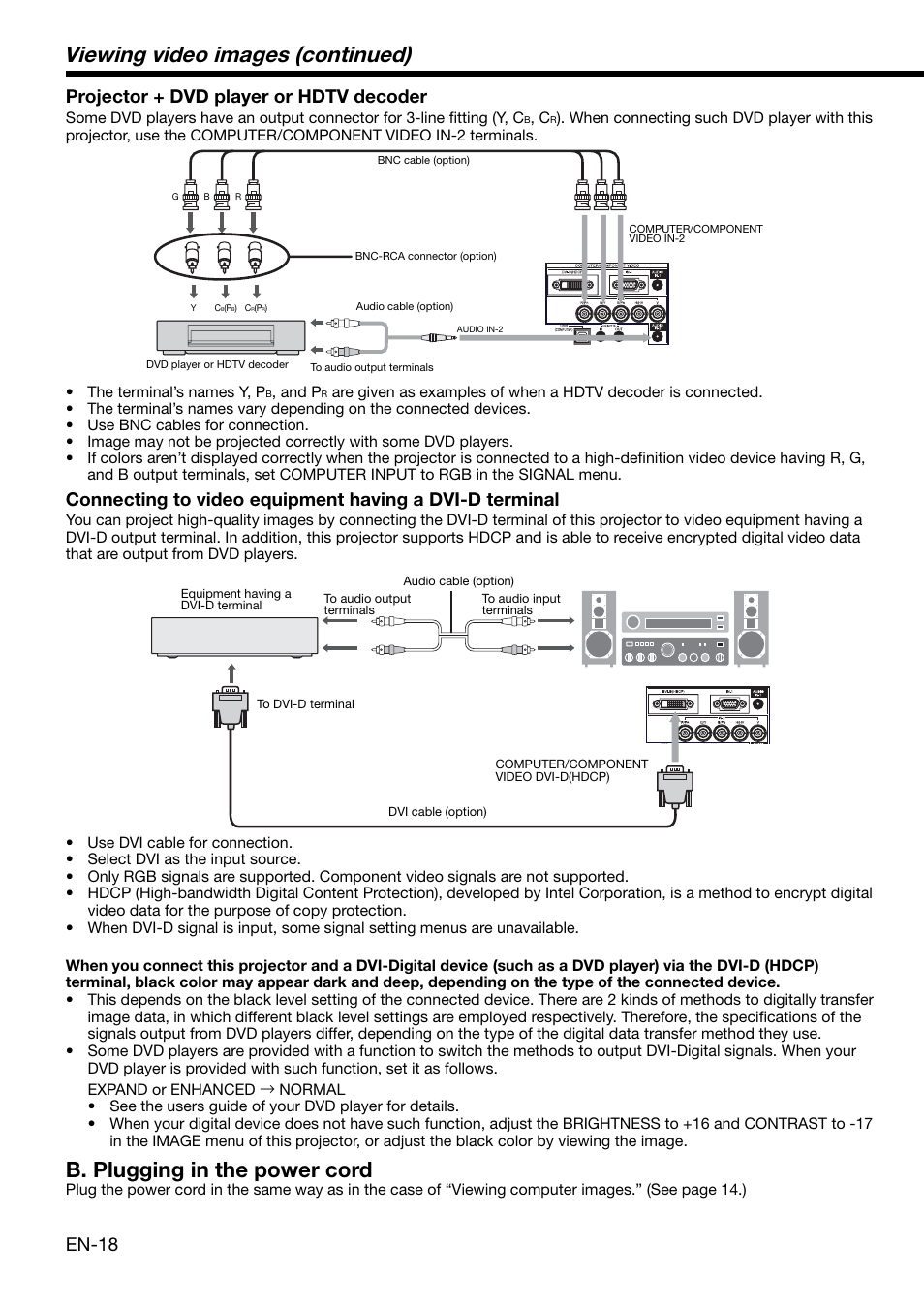 Viewing video images (continued), B. plugging in the power cord, En-18 | Projector + dvd player or hdtv decoder | MITSUBISHI ELECTRIC WD2000 User Manual | Page 18 / 40