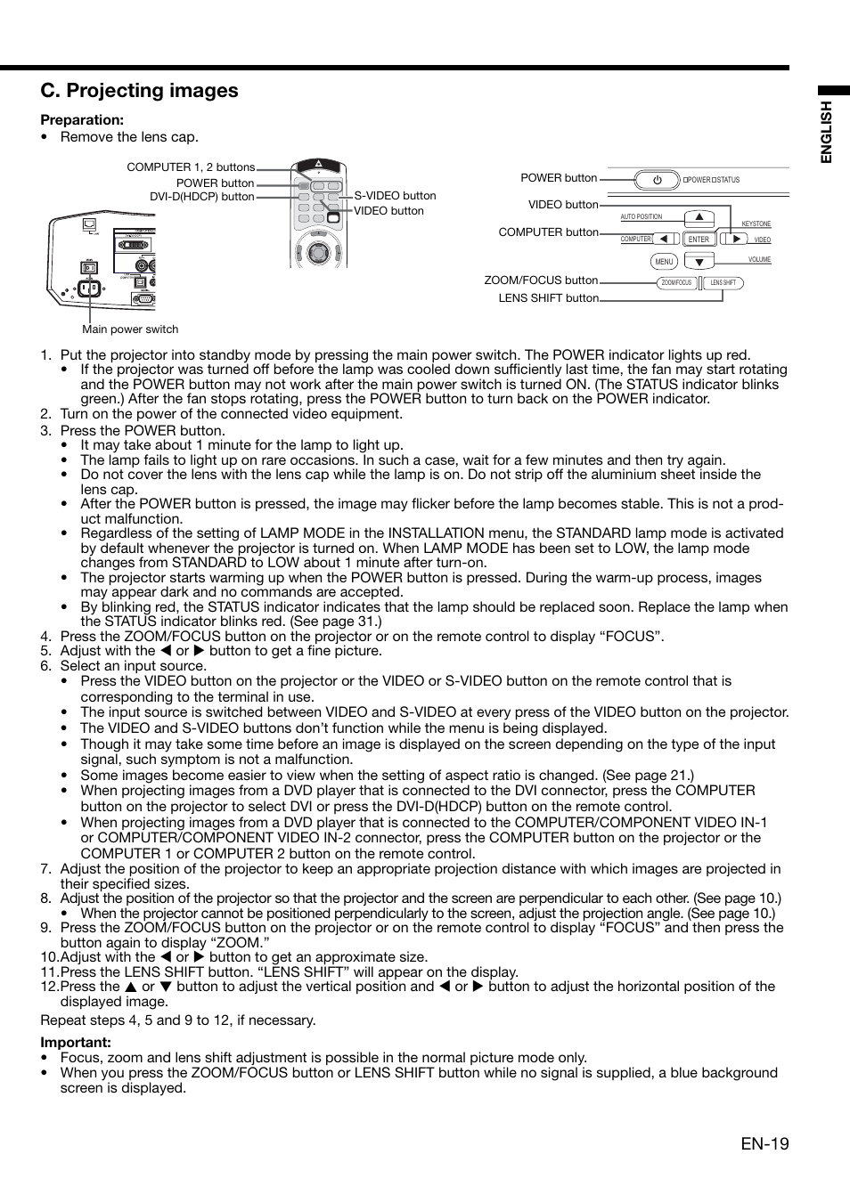 C. projecting images, En-19 | MITSUBISHI ELECTRIC WD2000 User Manual | Page 19 / 40