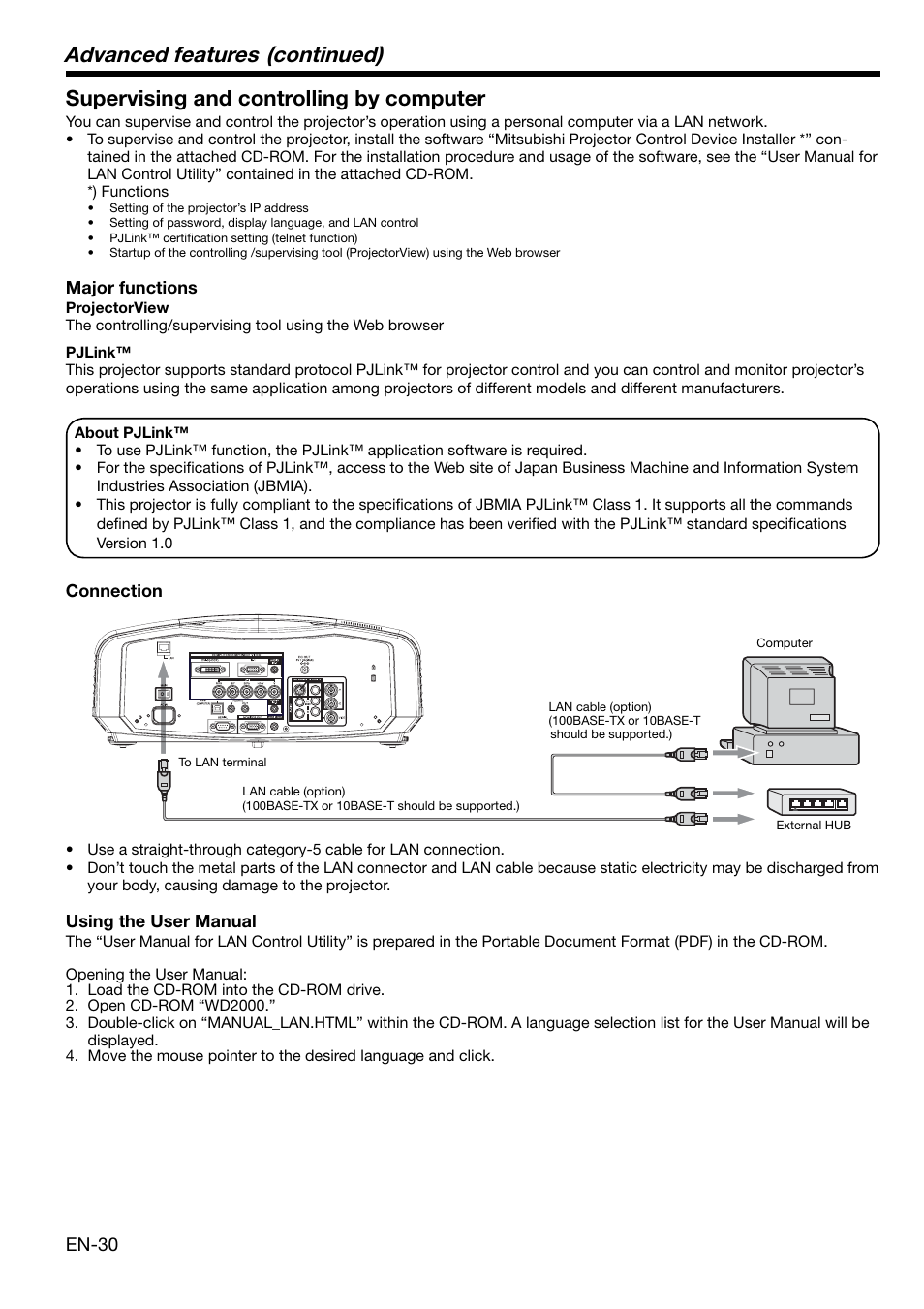 Advanced features (continued), Supervising and controlling by computer, En-30 | MITSUBISHI ELECTRIC WD2000 User Manual | Page 30 / 40