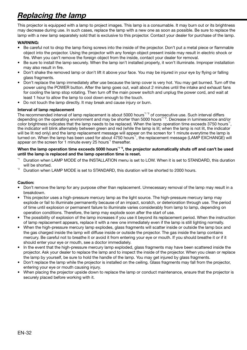 Replacing the lamp, En-32 | MITSUBISHI ELECTRIC WD2000 User Manual | Page 32 / 40