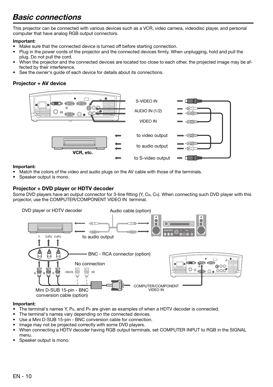 Basic connections, En - 10, Projector + av device | Projector + dvd player or hdtv decoder | MITSUBISHI ELECTRIC XD480U User Manual | Page 10 / 34