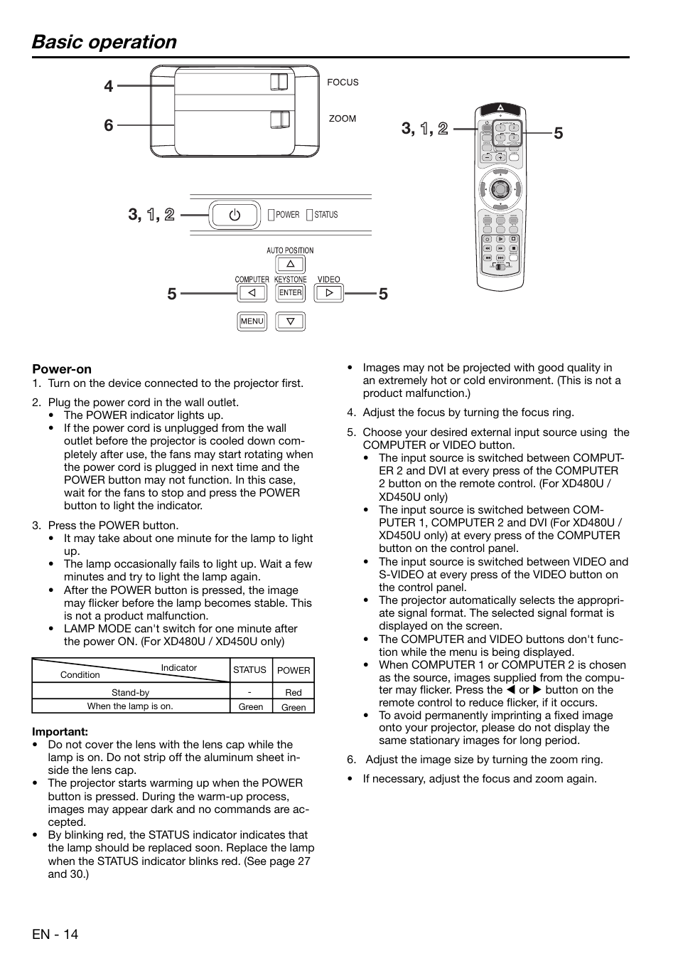 Basic operation, En - 14, Power-on | MITSUBISHI ELECTRIC XD480U User Manual | Page 14 / 34