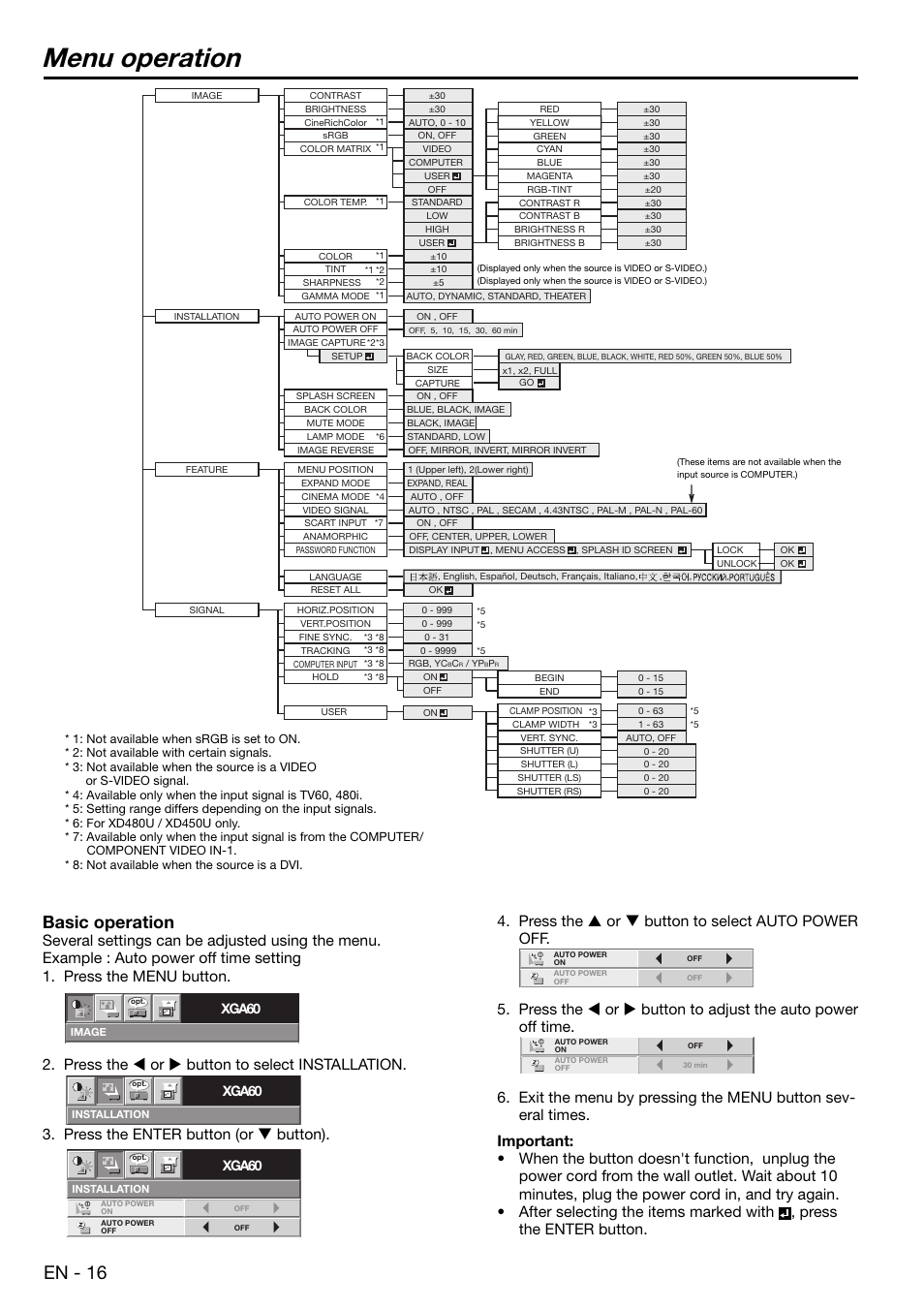 Menu operation, En - 16, Basic operation | Xga60 | MITSUBISHI ELECTRIC XD480U User Manual | Page 16 / 34