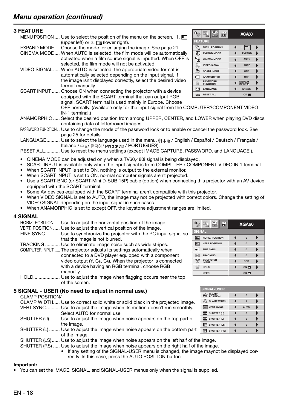 Menu operation (continued), En - 18, 3 feature | 4 signal, 5 signal - user (no need to adjust in normal use.) | MITSUBISHI ELECTRIC XD480U User Manual | Page 18 / 34