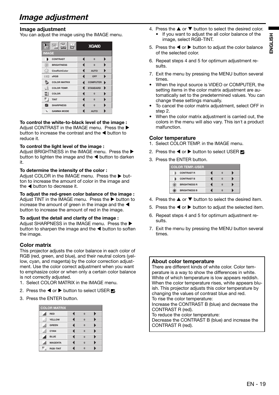 Image adjustment, En - 19, Color temperature | About color temperature, Color matrix, English | MITSUBISHI ELECTRIC XD480U User Manual | Page 19 / 34