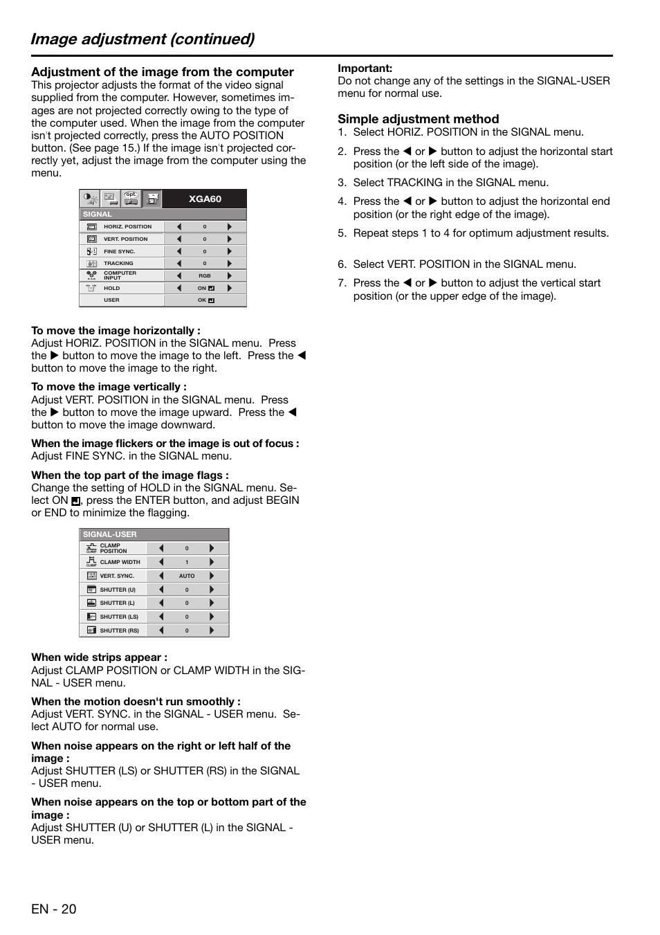 Image adjustment (continued), En - 20, Adjustment of the image from the computer | Simple adjustment method | MITSUBISHI ELECTRIC XD480U User Manual | Page 20 / 34