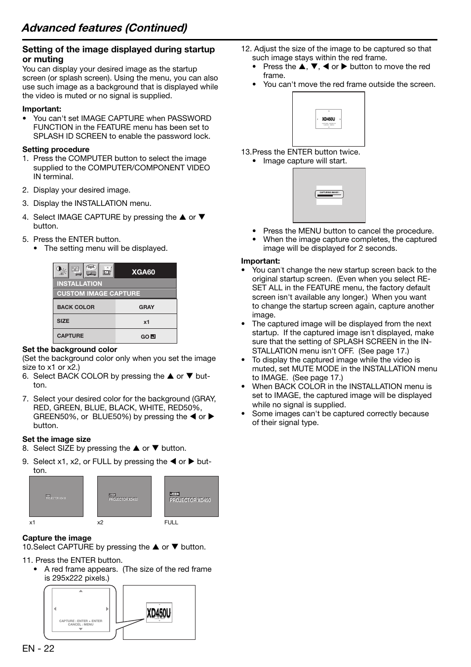 Xd450u, Advanced features (continued), En - 22 | MITSUBISHI ELECTRIC XD480U User Manual | Page 22 / 34