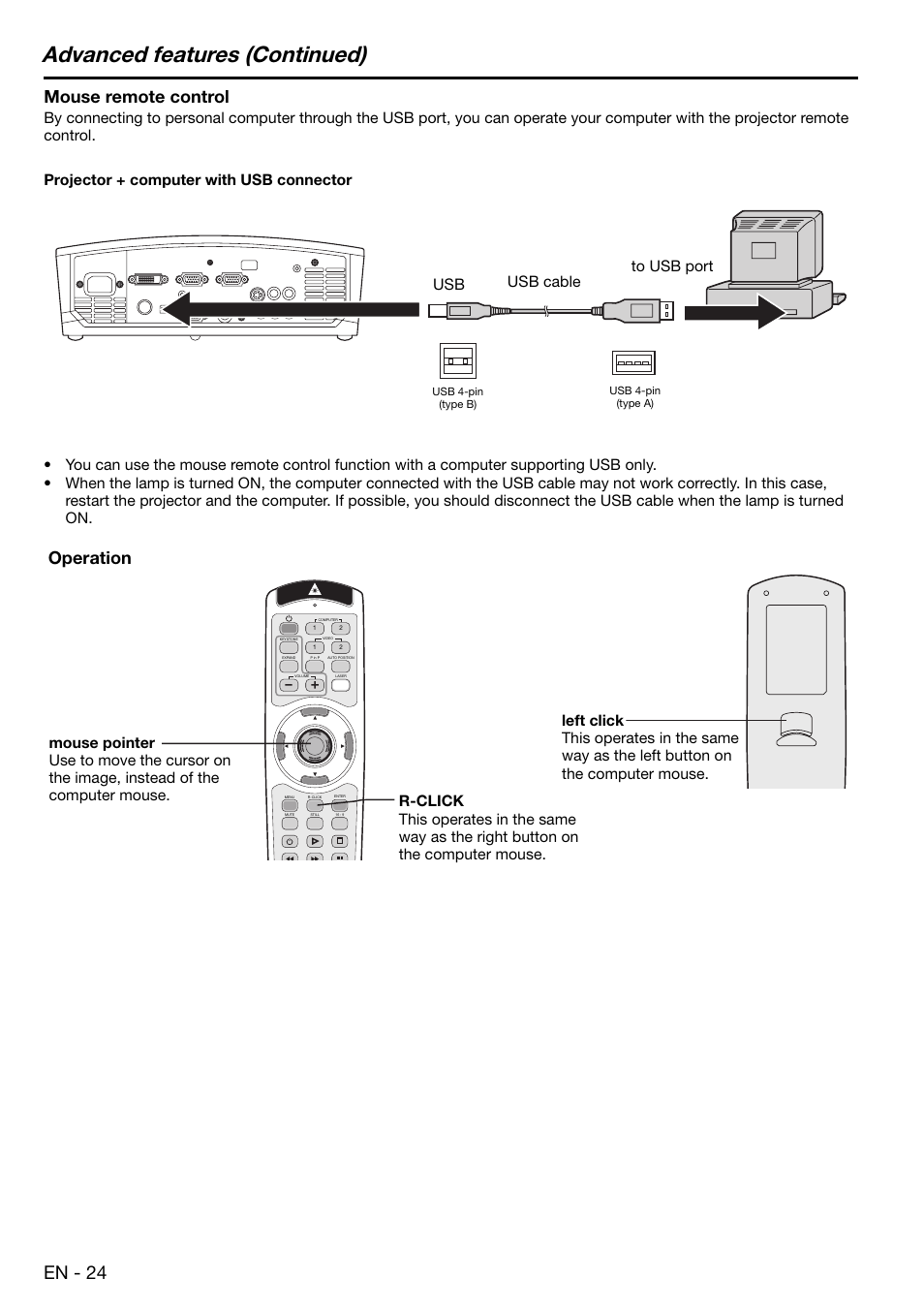 Advanced features (continued), En - 24, Mouse remote control | Operation | MITSUBISHI ELECTRIC XD480U User Manual | Page 24 / 34