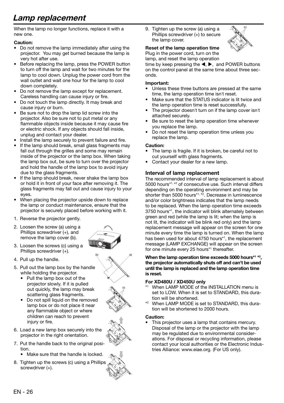 Lamp replacement, En - 26, Interval of lamp replacement | MITSUBISHI ELECTRIC XD480U User Manual | Page 26 / 34