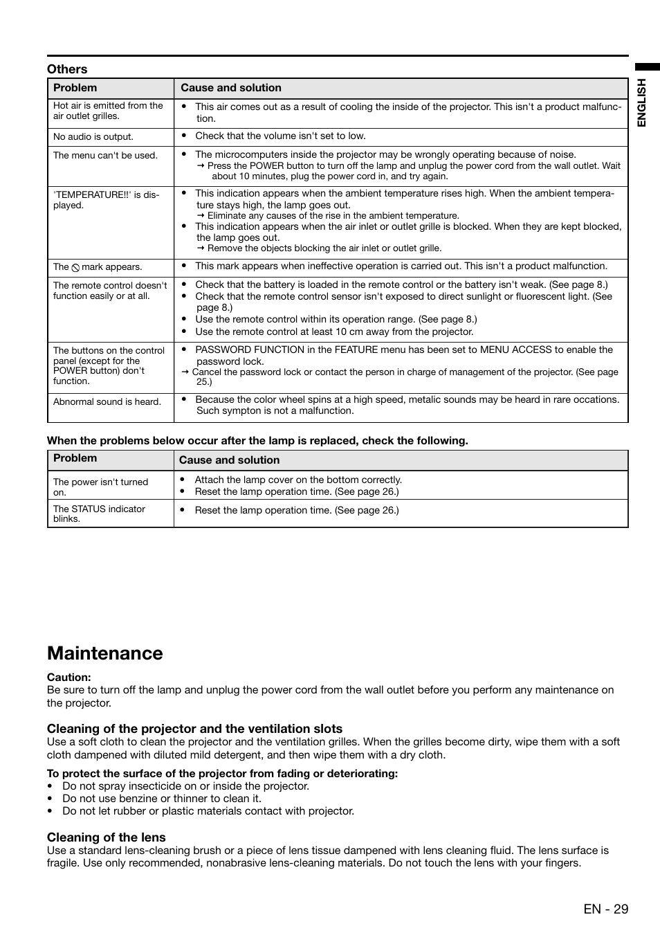 Maintenance, En - 29 | MITSUBISHI ELECTRIC XD480U User Manual | Page 29 / 34