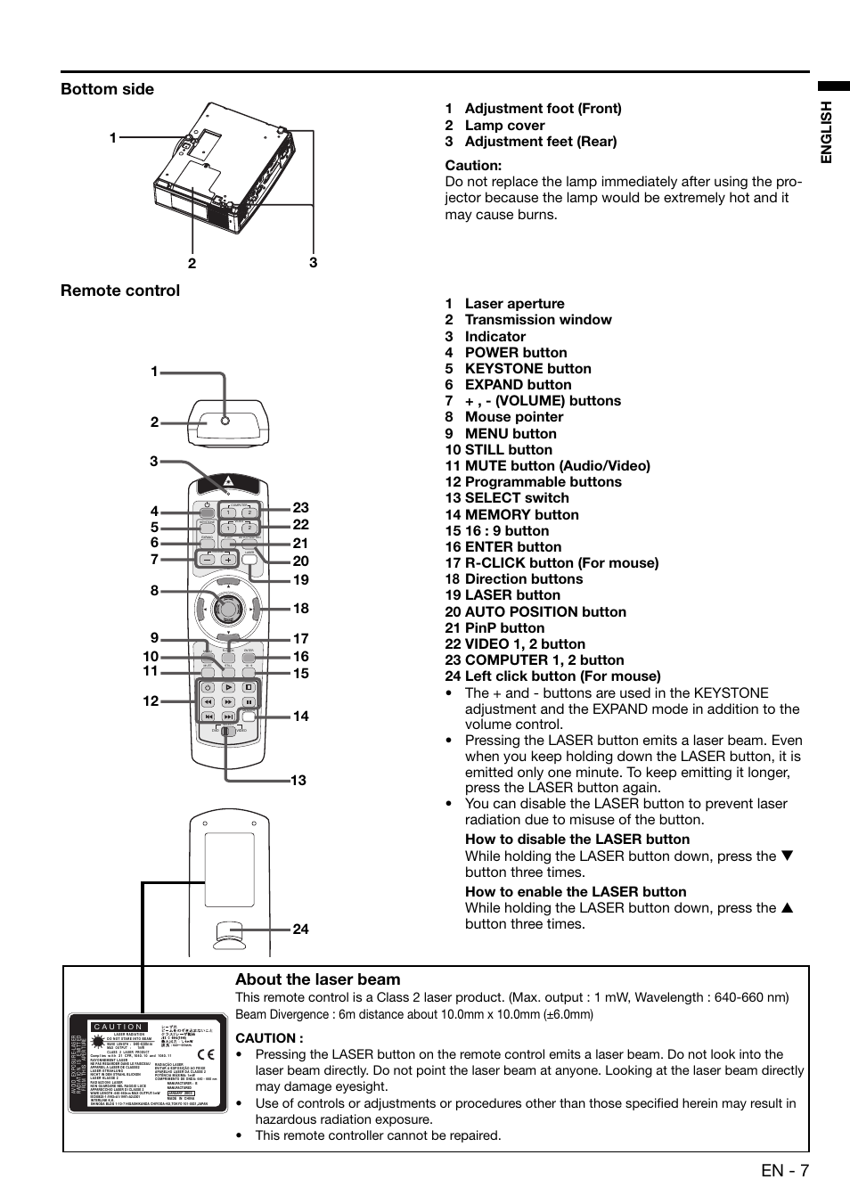 En - 7, Bottom side, Remote control | About the laser beam, English, How to disable the laser button, How to enable the laser button | MITSUBISHI ELECTRIC XD480U User Manual | Page 7 / 34