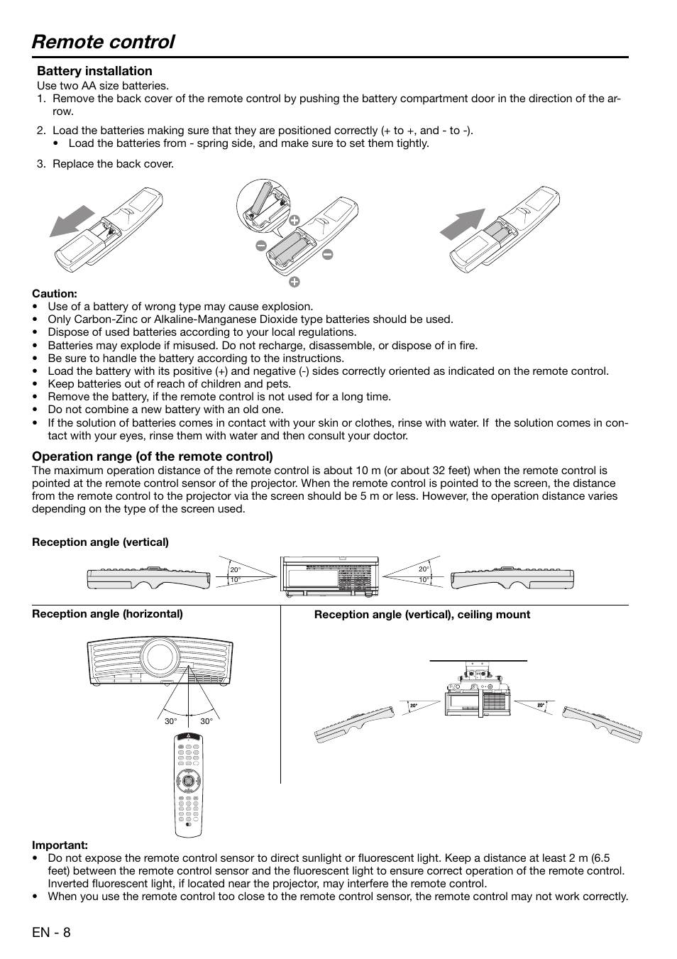 Remote control, En - 8, Battery installation | Operation range (of the remote control) | MITSUBISHI ELECTRIC XD480U User Manual | Page 8 / 34