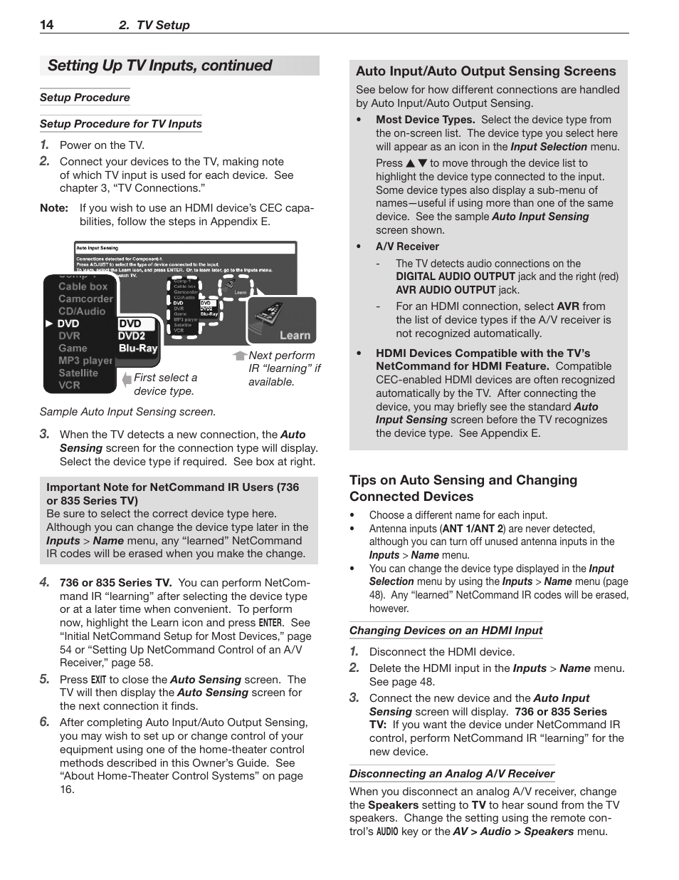 Setting up tv inputs, continued | MITSUBISHI ELECTRIC WD-60C8 User Manual | Page 14 / 94