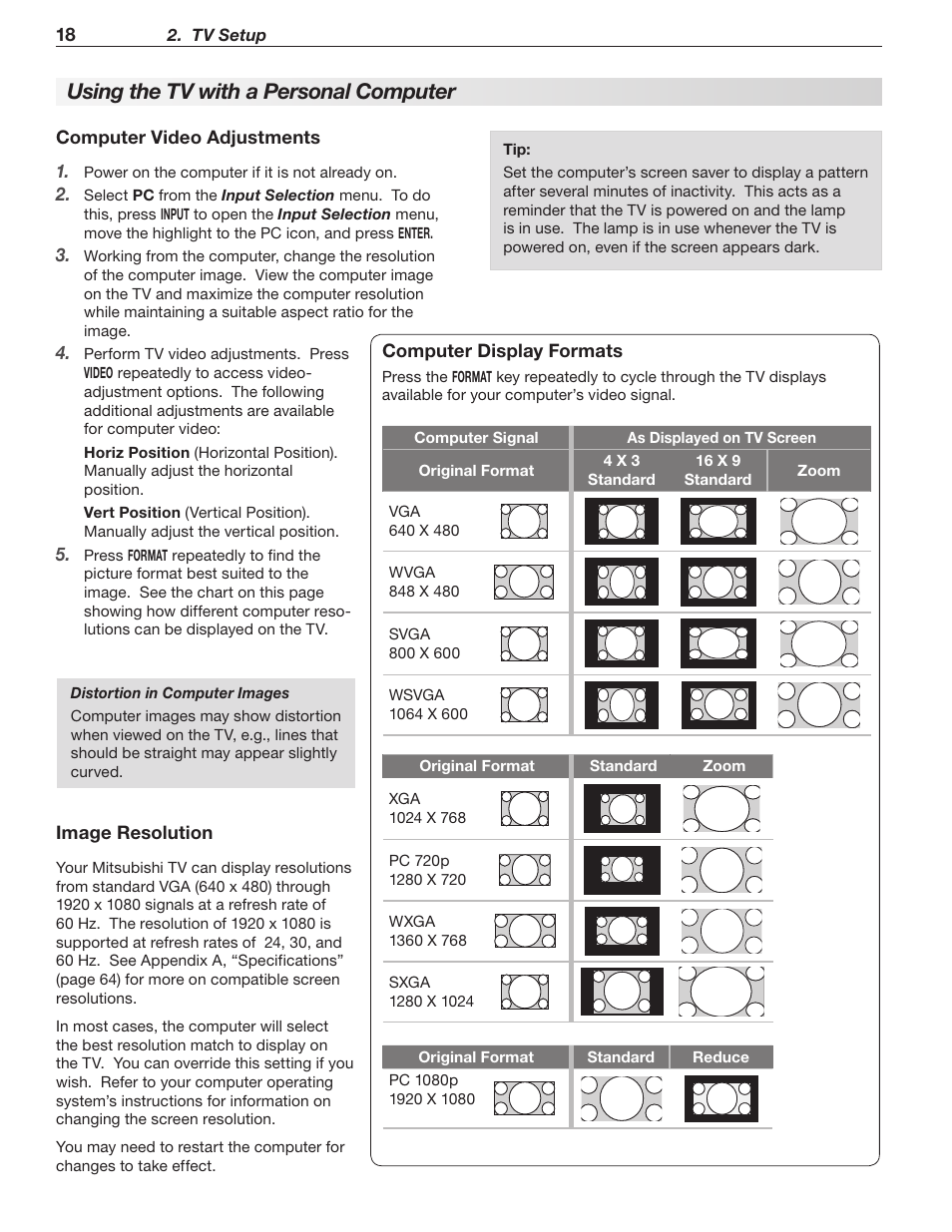Using the tv with a personal computer | MITSUBISHI ELECTRIC WD-60C8 User Manual | Page 18 / 94