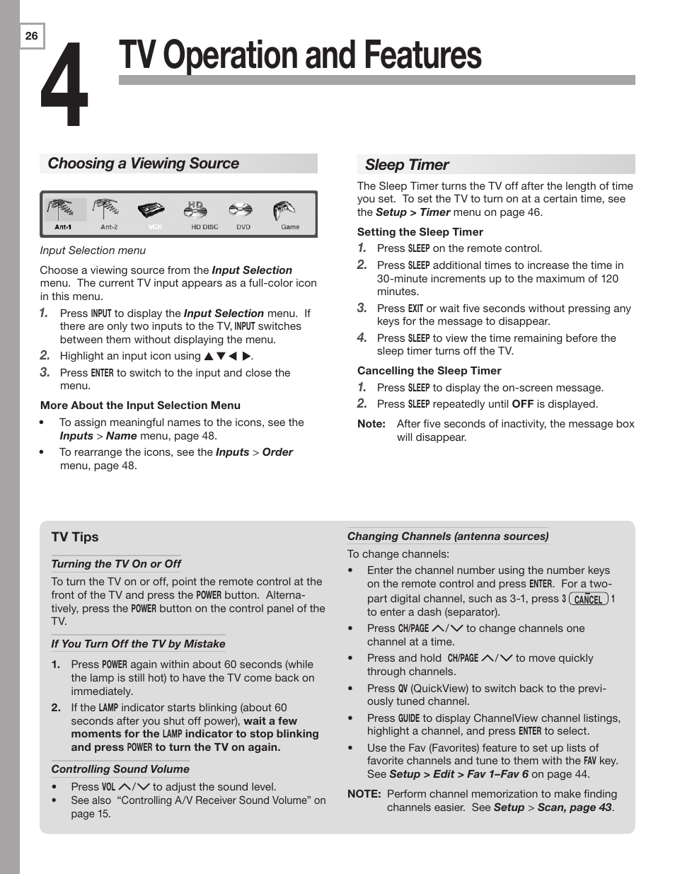 Tv operation and features, Choosing a viewing source, Sleep timer | MITSUBISHI ELECTRIC WD-60C8 User Manual | Page 26 / 94