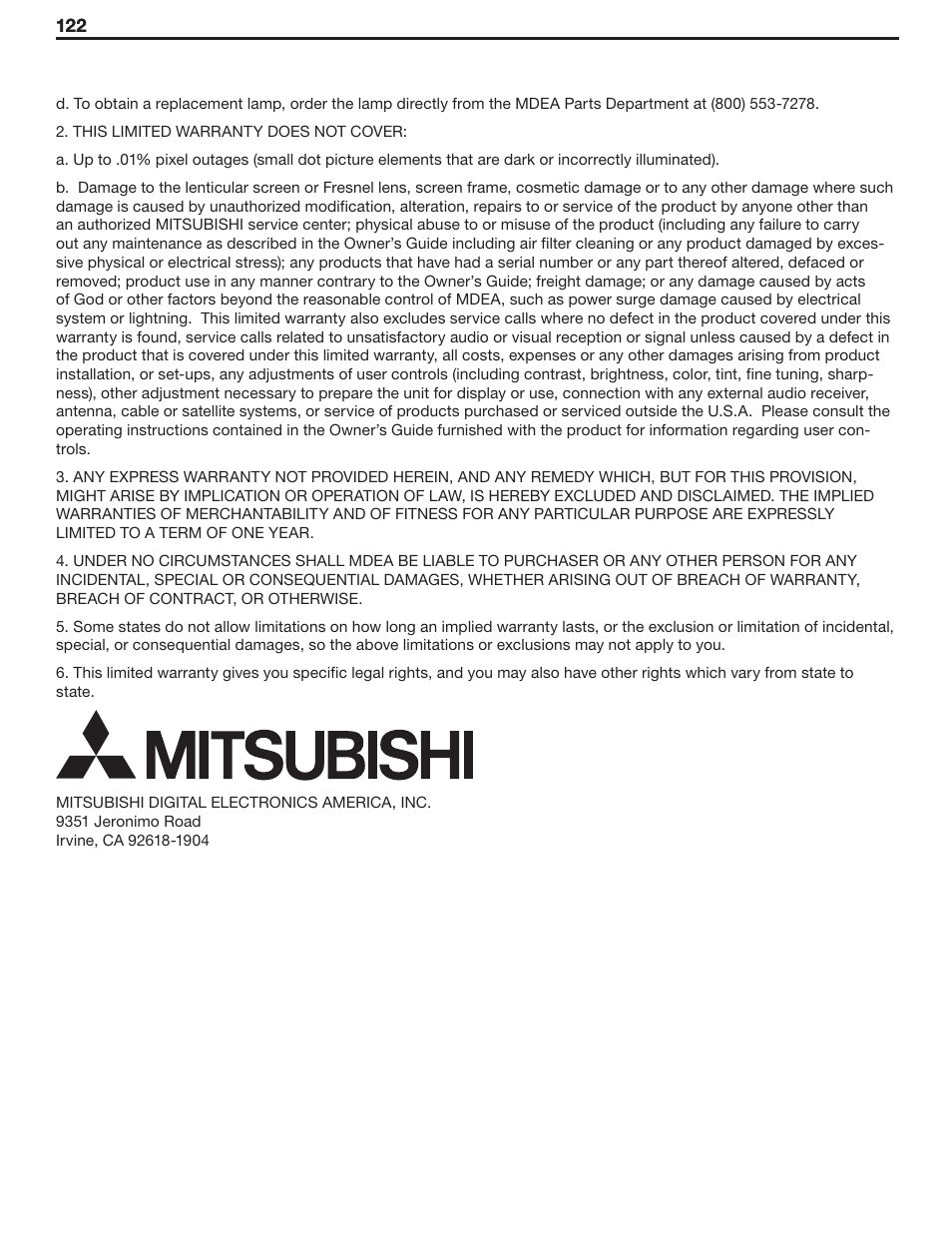 MITSUBISHI ELECTRIC WD-57831 User Manual | Page 122 / 126