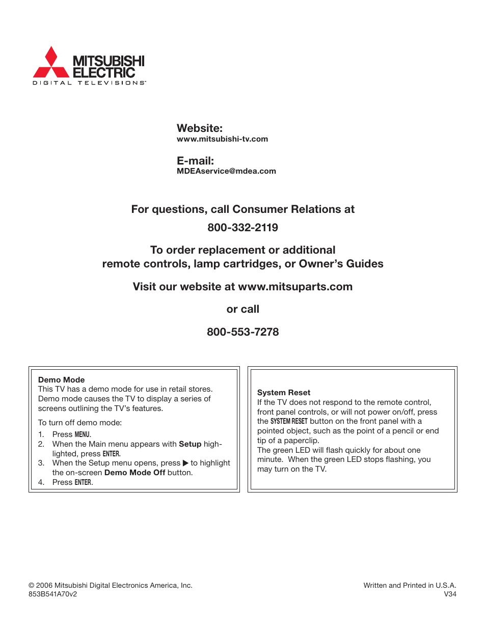 Website, E-mail | MITSUBISHI ELECTRIC WD-57831 User Manual | Page 126 / 126
