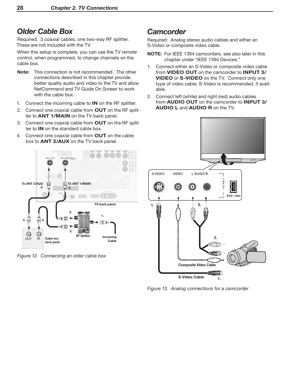 Older cable box, Camcorder, Chapter 2. tv connections | Figure 12. connecting an older cable box, Figure 13. analog connections for a camcorder, Tm r, Pnqptjuf7jefp$bcmf 47jefp$bcmf | MITSUBISHI ELECTRIC WD-57831 User Manual | Page 28 / 126