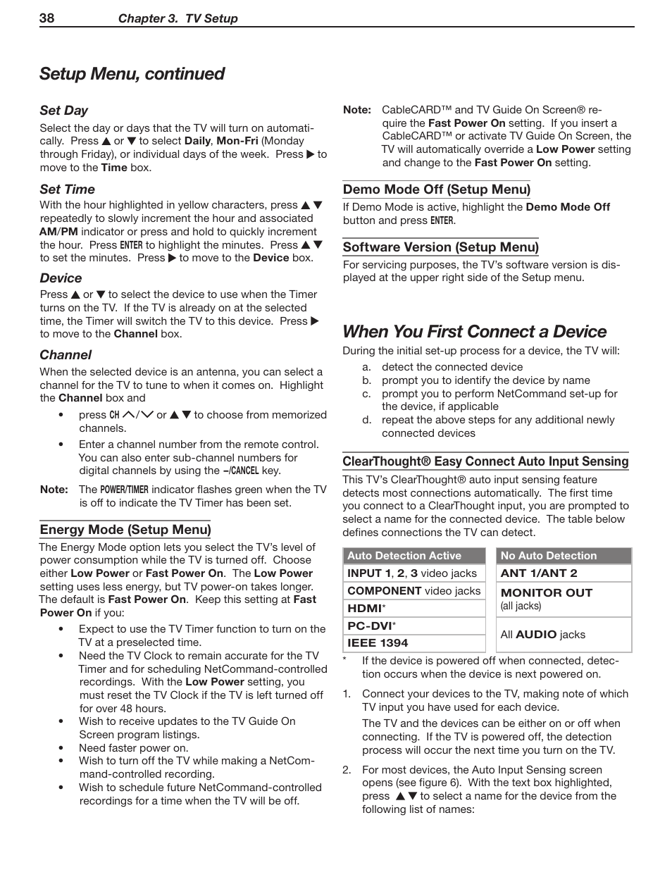 Setup menu, continued, When you first connect a device | MITSUBISHI ELECTRIC WD-57831 User Manual | Page 38 / 126