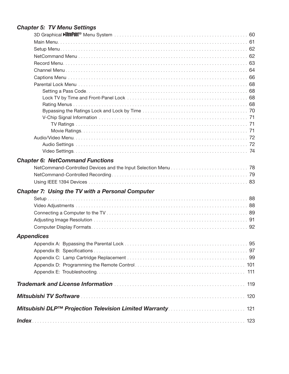 Chapter 5: tv menu settings, Chapter 6: netcommand functions, Chapter 7: using the tv with a personal computer | Appendices, Trademark and license information, Mitsubishi tv software, Index | MITSUBISHI ELECTRIC WD-57831 User Manual | Page 5 / 126