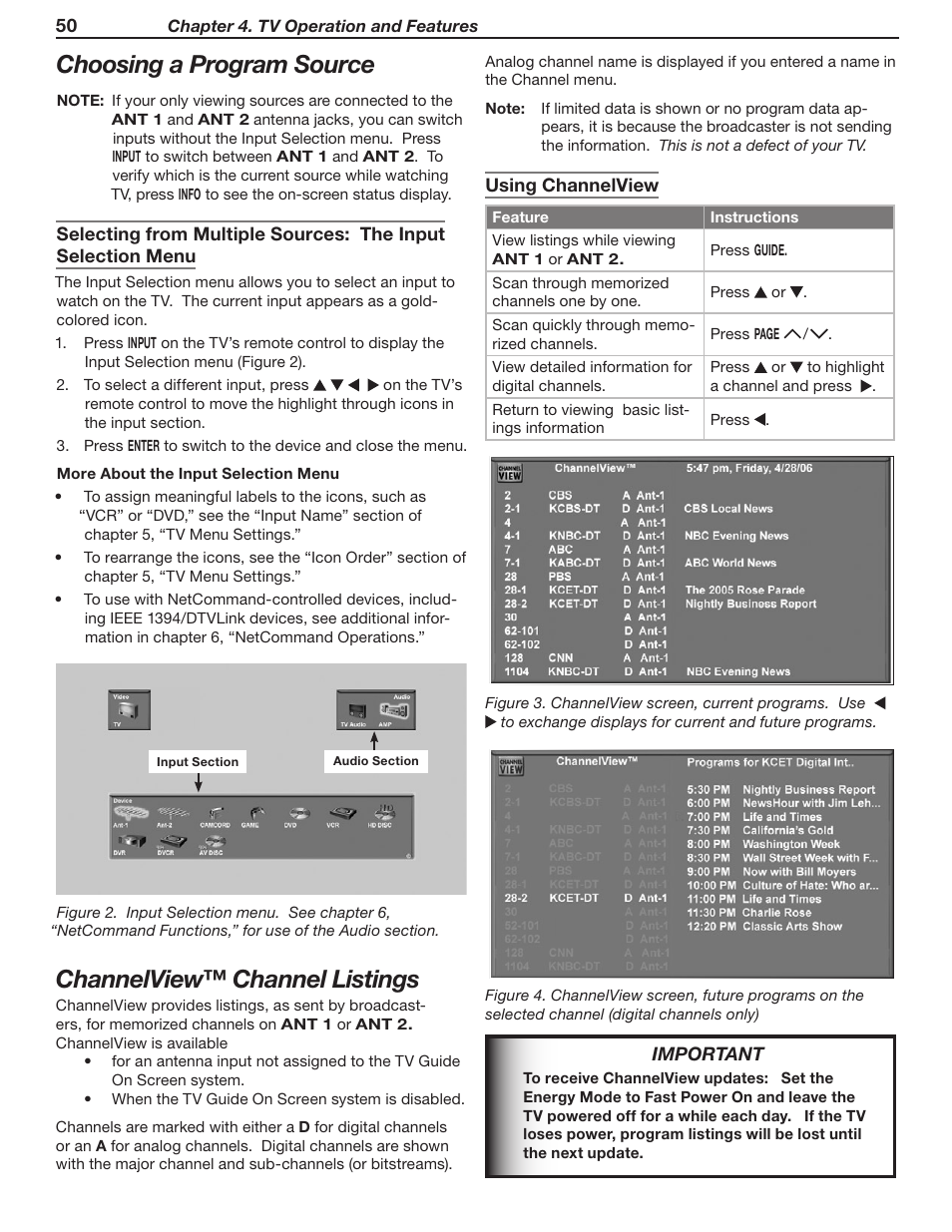Choosing a program source, Channelview™ channel listings | MITSUBISHI ELECTRIC WD-57831 User Manual | Page 50 / 126