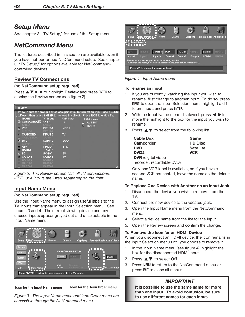 Setup menu, Netcommand menu | MITSUBISHI ELECTRIC WD-57831 User Manual | Page 62 / 126