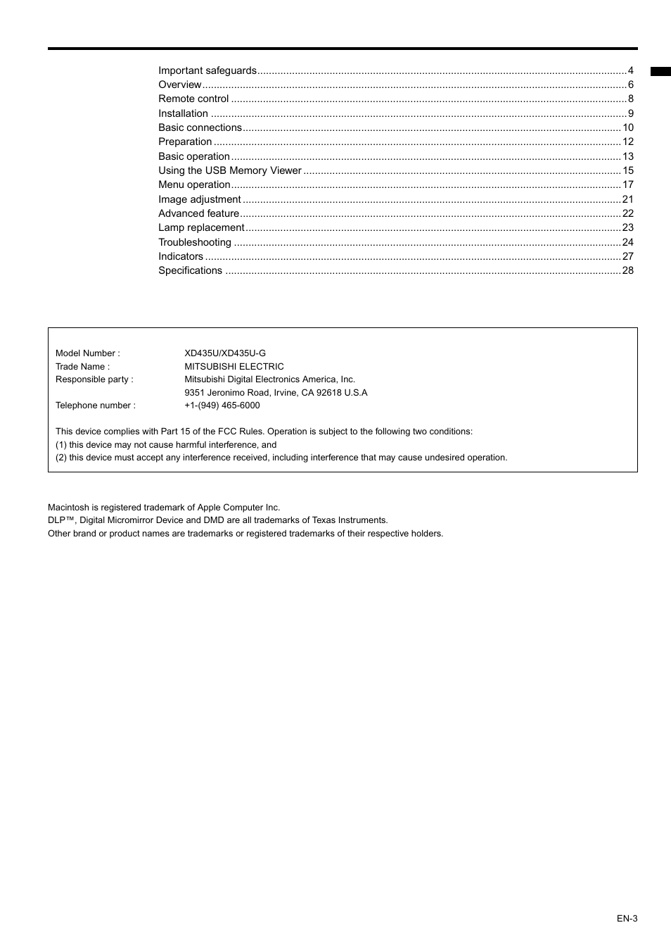 MITSUBISHI ELECTRIC XD435U User Manual | Page 3 / 31