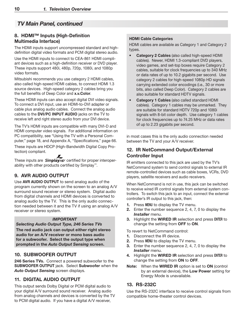 Tv main panel, continued | MITSUBISHI ELECTRIC LT-40148 User Manual | Page 10 / 96