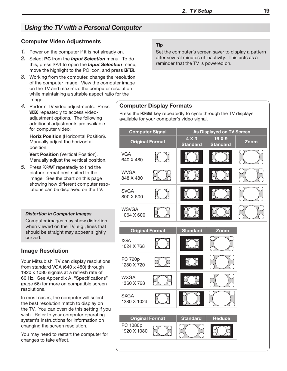 Using the tv with a personal computer | MITSUBISHI ELECTRIC LT-40148 User Manual | Page 19 / 96