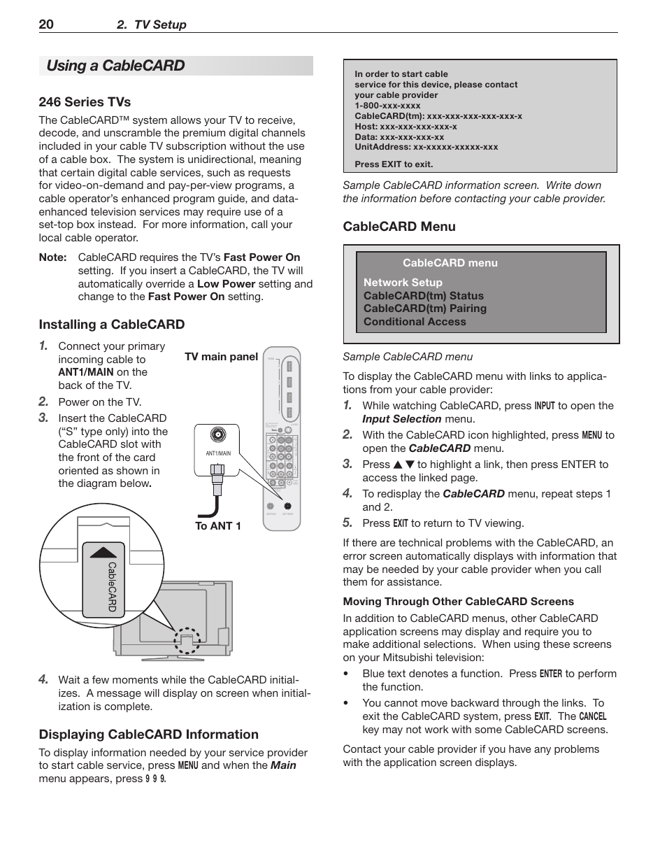 Using a cablecard, 246 series tvs, Installing a cablecard | Displaying cablecard information, Cablecard menu, Tv setup, Connect your primary, Insert the cablecard, Menu to open the cablecard menu. press, Cablecard menu, repeat steps 1 and 2. press | MITSUBISHI ELECTRIC LT-40148 User Manual | Page 20 / 96