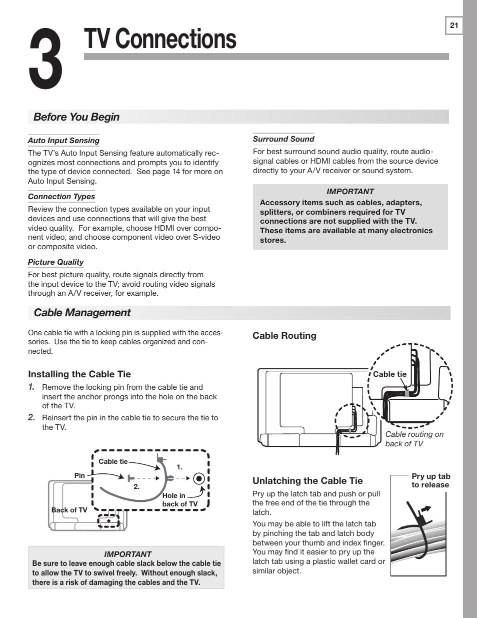 Tv connections | MITSUBISHI ELECTRIC LT-40148 User Manual | Page 21 / 96