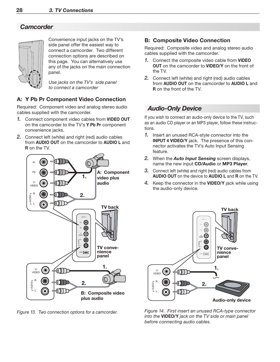 Camcorder, Audio-only device, A: y pb pr component video connection | B: composite video connection, Tv connections, Figure 13. two connection options for a camcorder, Video/y jack while using the audio-only device, Tv conve- nience panel tv back | MITSUBISHI ELECTRIC LT-40148 User Manual | Page 28 / 96
