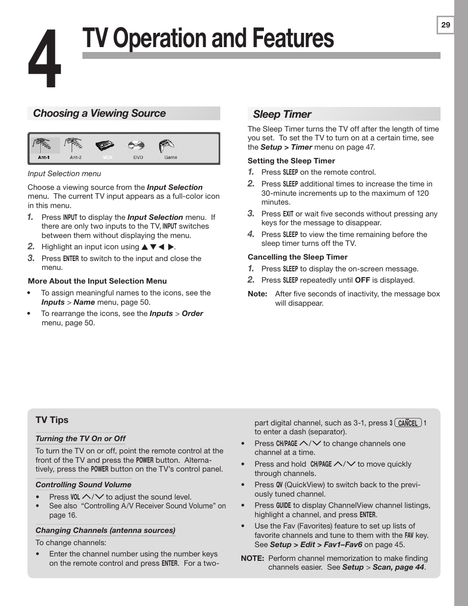 Tv operation and features, Choosing a viewing source, Sleep timer | MITSUBISHI ELECTRIC LT-40148 User Manual | Page 29 / 96