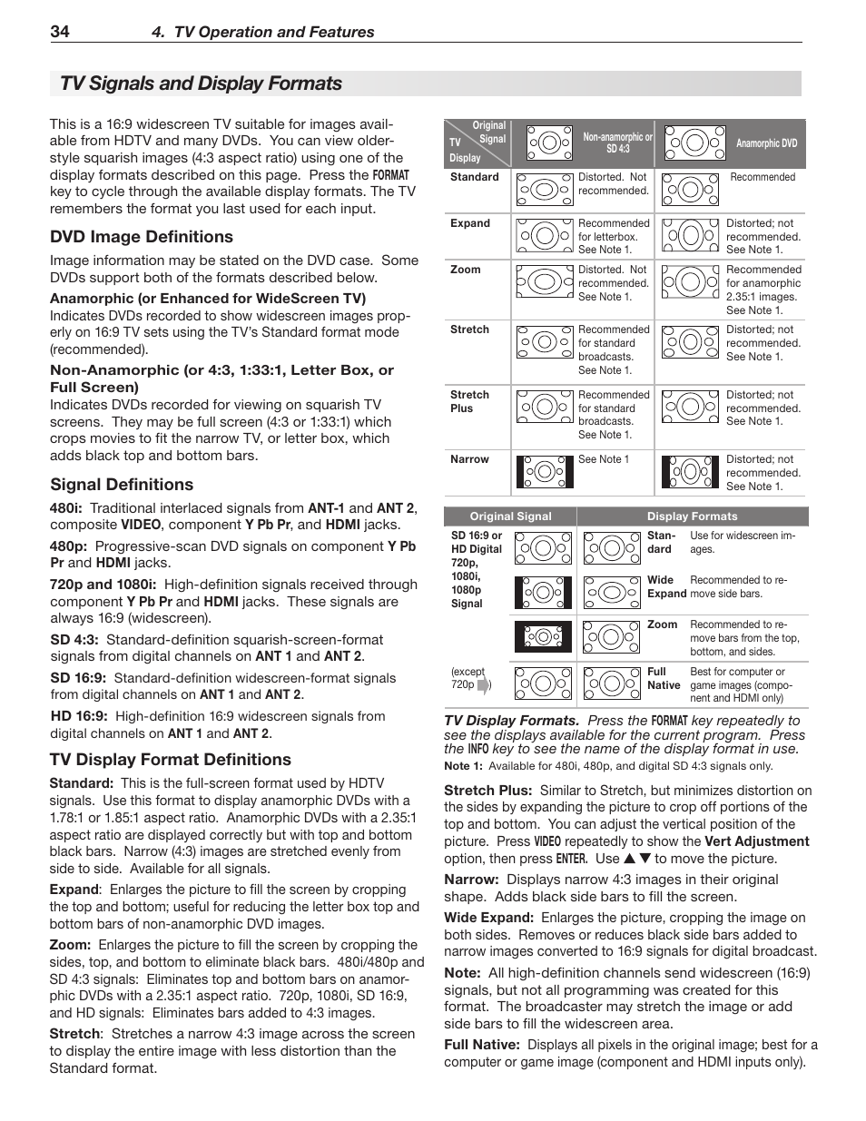 Tv signals and display formats, Signal definitions, Dvd image definitions | Tv display format definitions | MITSUBISHI ELECTRIC LT-40148 User Manual | Page 34 / 96