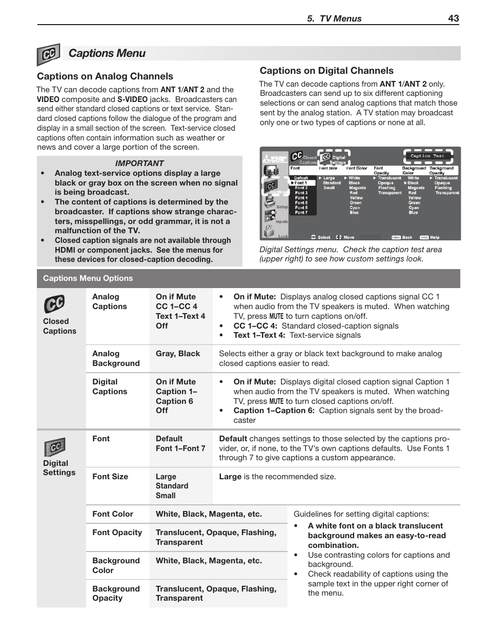 Captions menu | MITSUBISHI ELECTRIC LT-40148 User Manual | Page 43 / 96