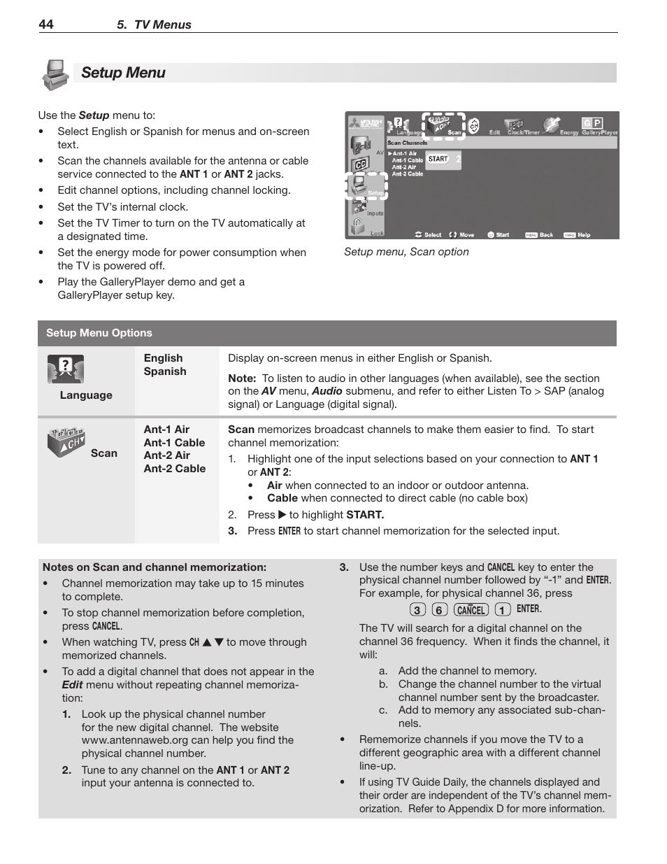 Setup menu | MITSUBISHI ELECTRIC LT-40148 User Manual | Page 44 / 96