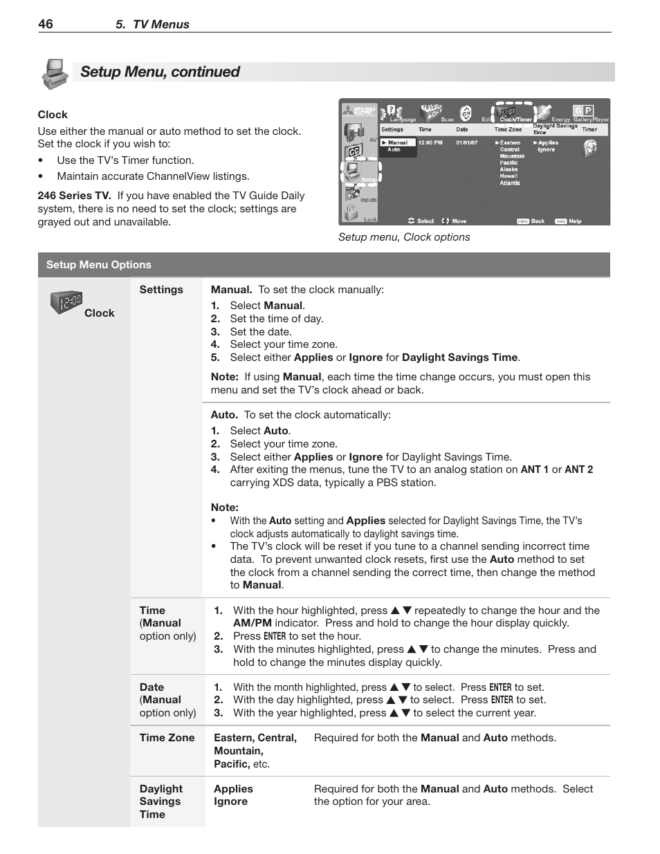 Setup menu, continued | MITSUBISHI ELECTRIC LT-40148 User Manual | Page 46 / 96