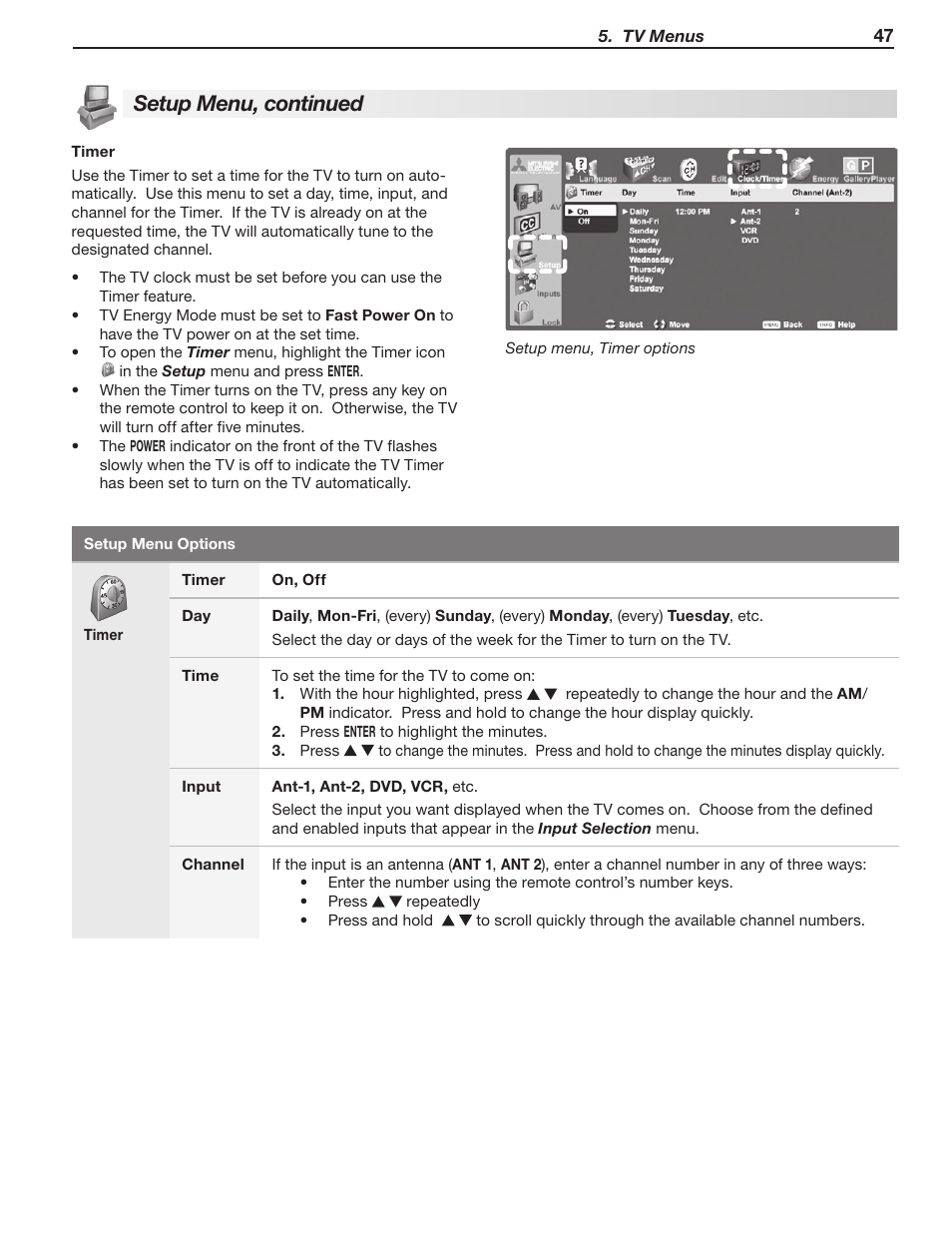 Setup menu, continued | MITSUBISHI ELECTRIC LT-40148 User Manual | Page 47 / 96