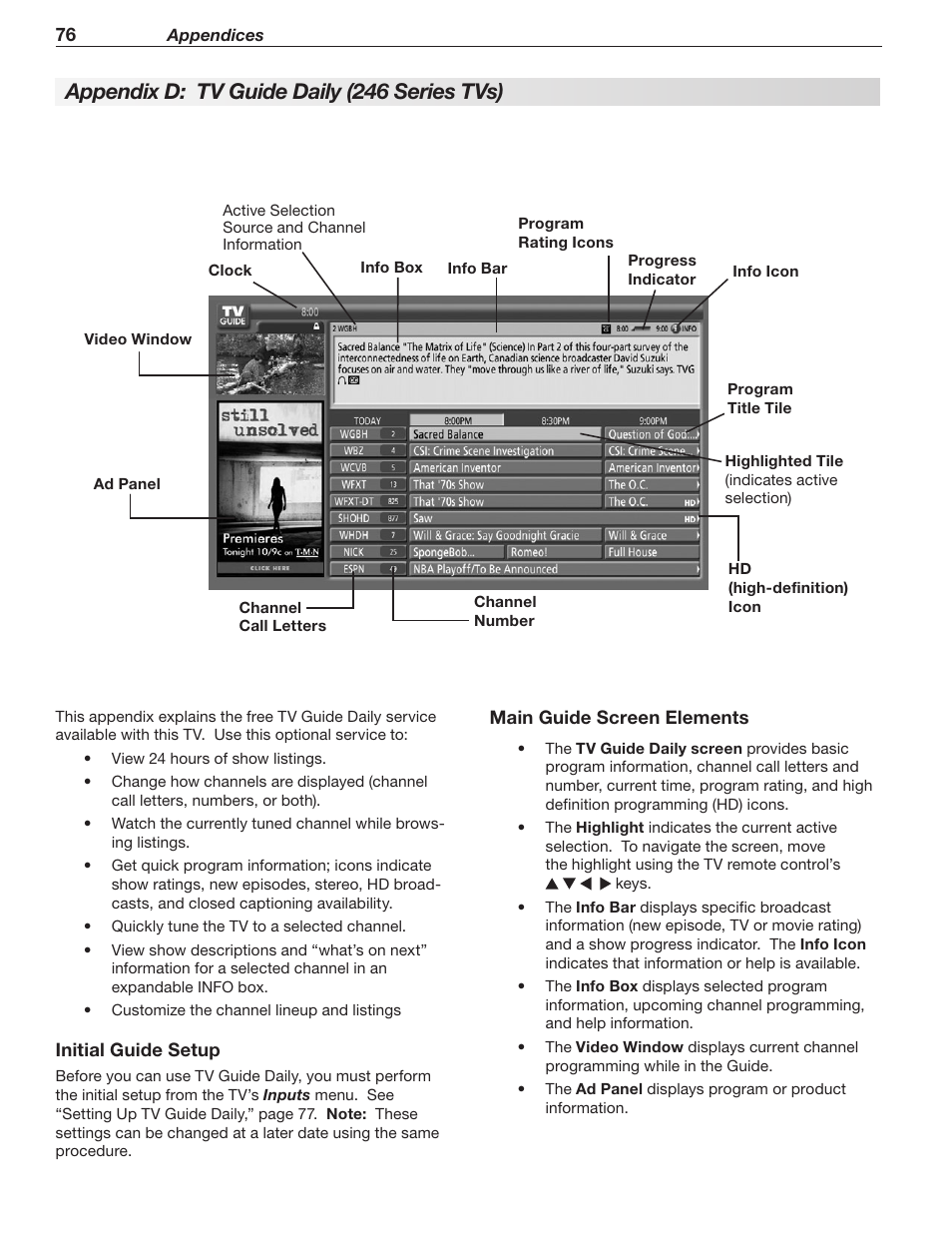 Appendix d: tv guide daily (246 series tvs) | MITSUBISHI ELECTRIC LT-40148 User Manual | Page 76 / 96