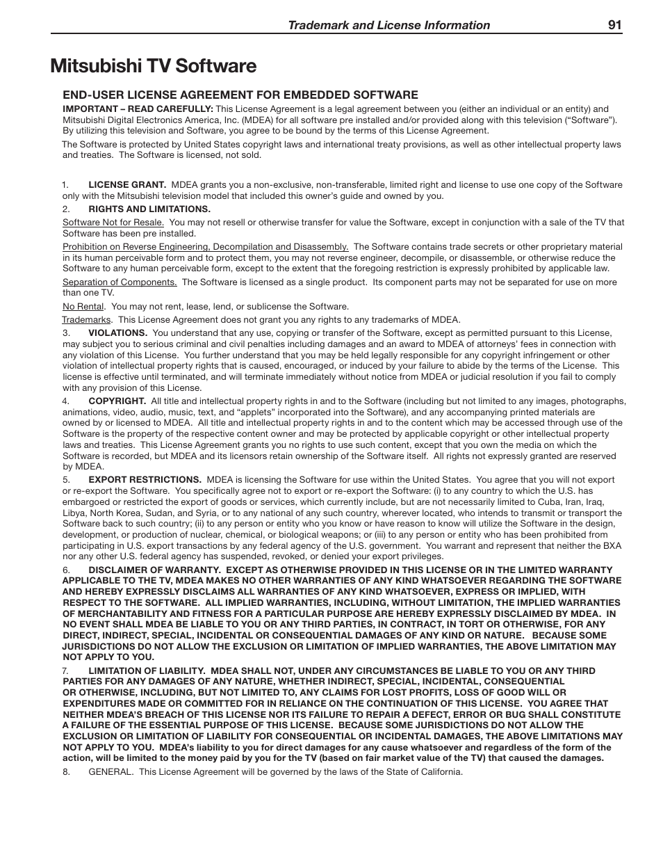 Mitsubishi tv software | MITSUBISHI ELECTRIC LT-40148 User Manual | Page 91 / 96