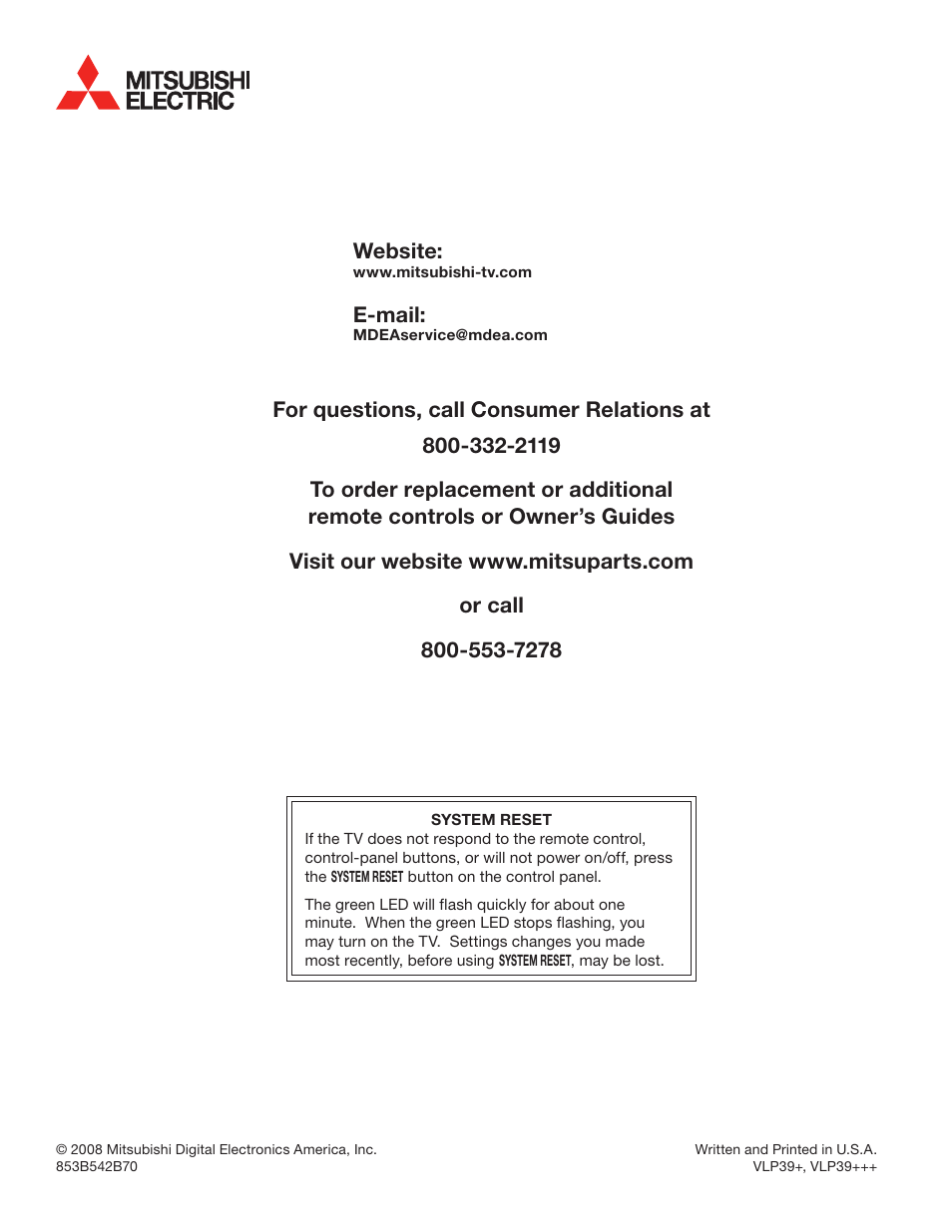 Website, E-mail | MITSUBISHI ELECTRIC LT-40148 User Manual | Page 96 / 96