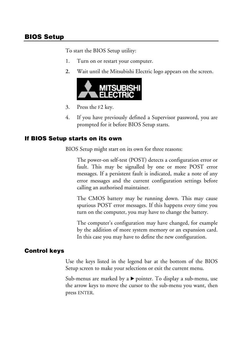 Bios setup, If bios setup starts on its own, Control keys | MITSUBISHI ELECTRIC PCL5100 MOTHERBOARD User Manual | Page 17 / 23