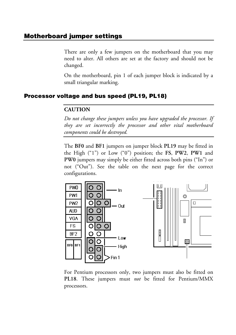 Motherboard jumper settings, Processor voltage and bus speed | MITSUBISHI ELECTRIC PCL5100 MOTHERBOARD User Manual | Page 4 / 23