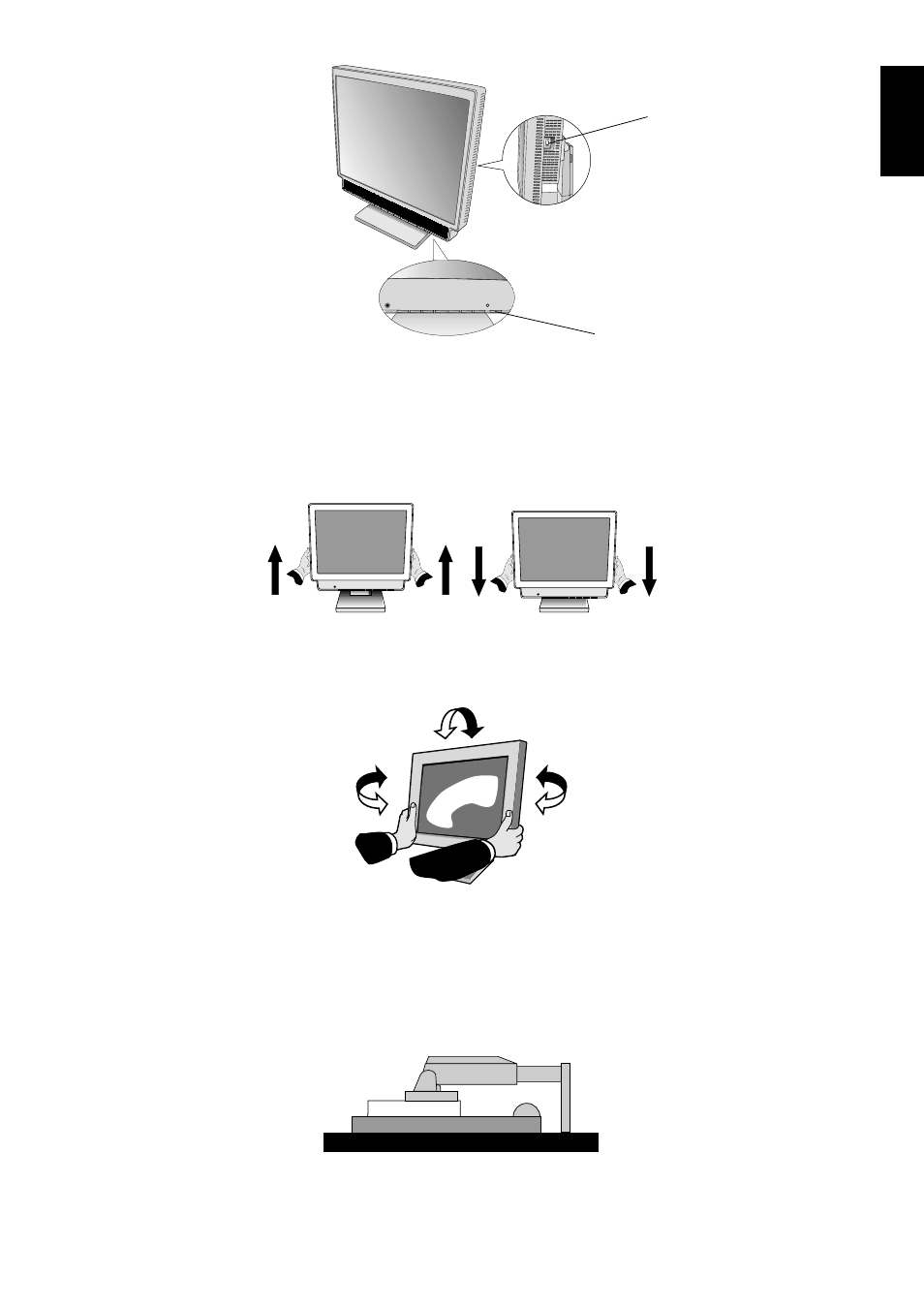 Raise and lower monitor screen, Tilt and swivel, Remove monitor stand for mounting | NEC MultiSync LCD1760VM User Manual | Page 6 / 17
