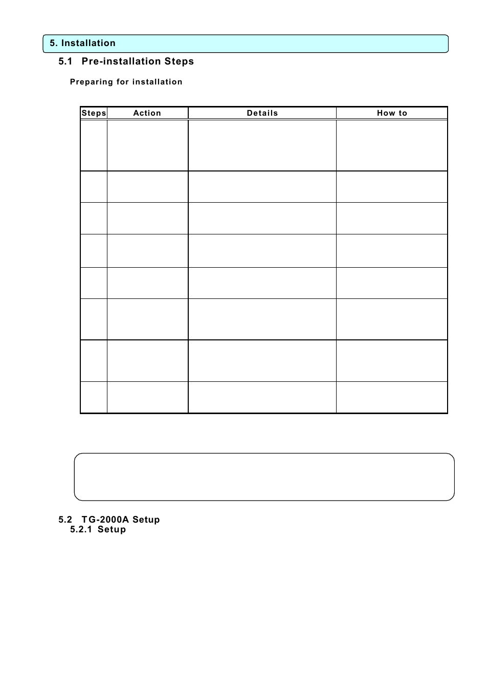 Installation, 1 pre-installation steps, 2 tg-2000a setup | 1 setup | MITSUBISHI ELECTRIC TG-2000A User Manual | Page 12 / 98